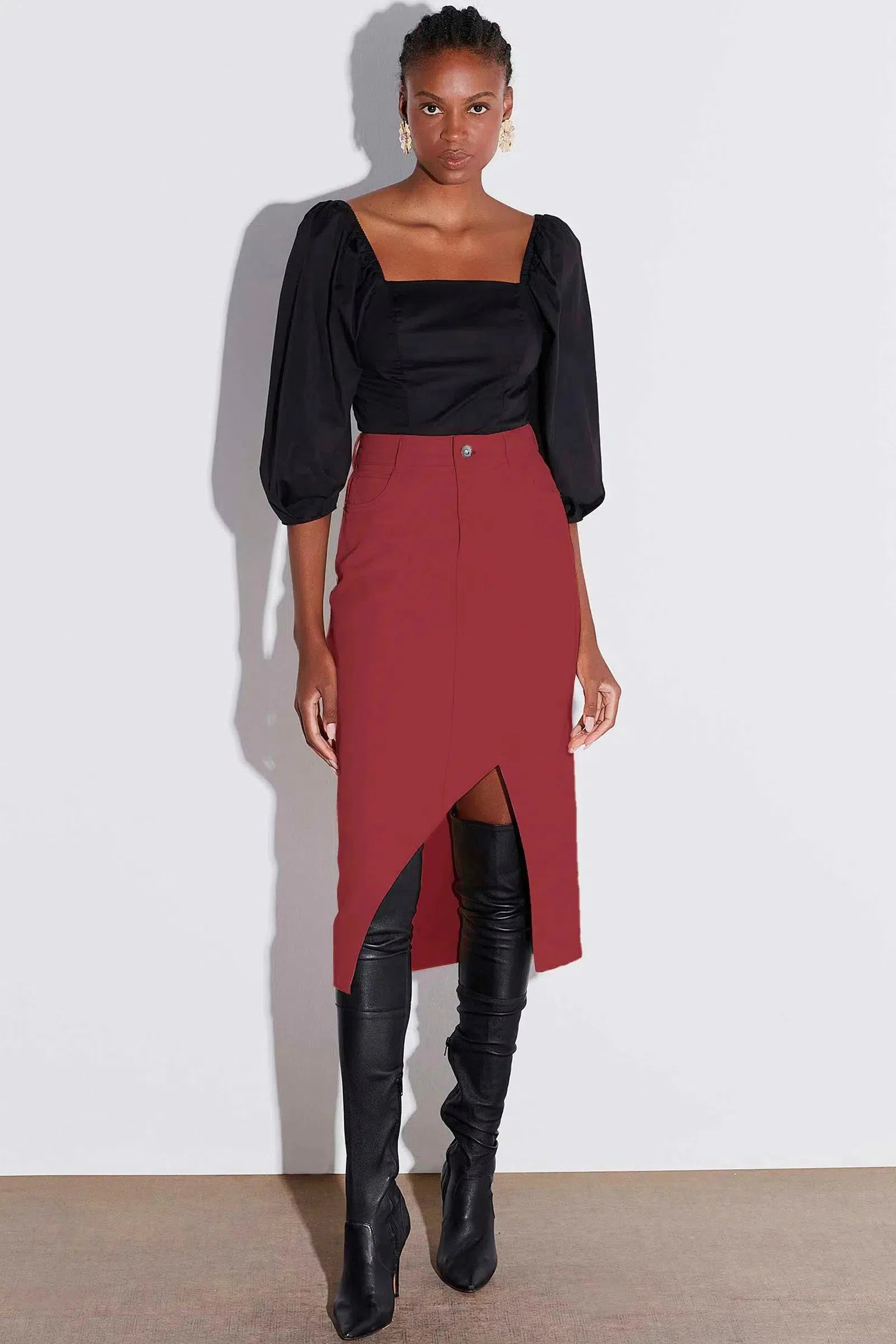 Saia Midi Fenda Assimétrica em Sarja 70100 Linzzi