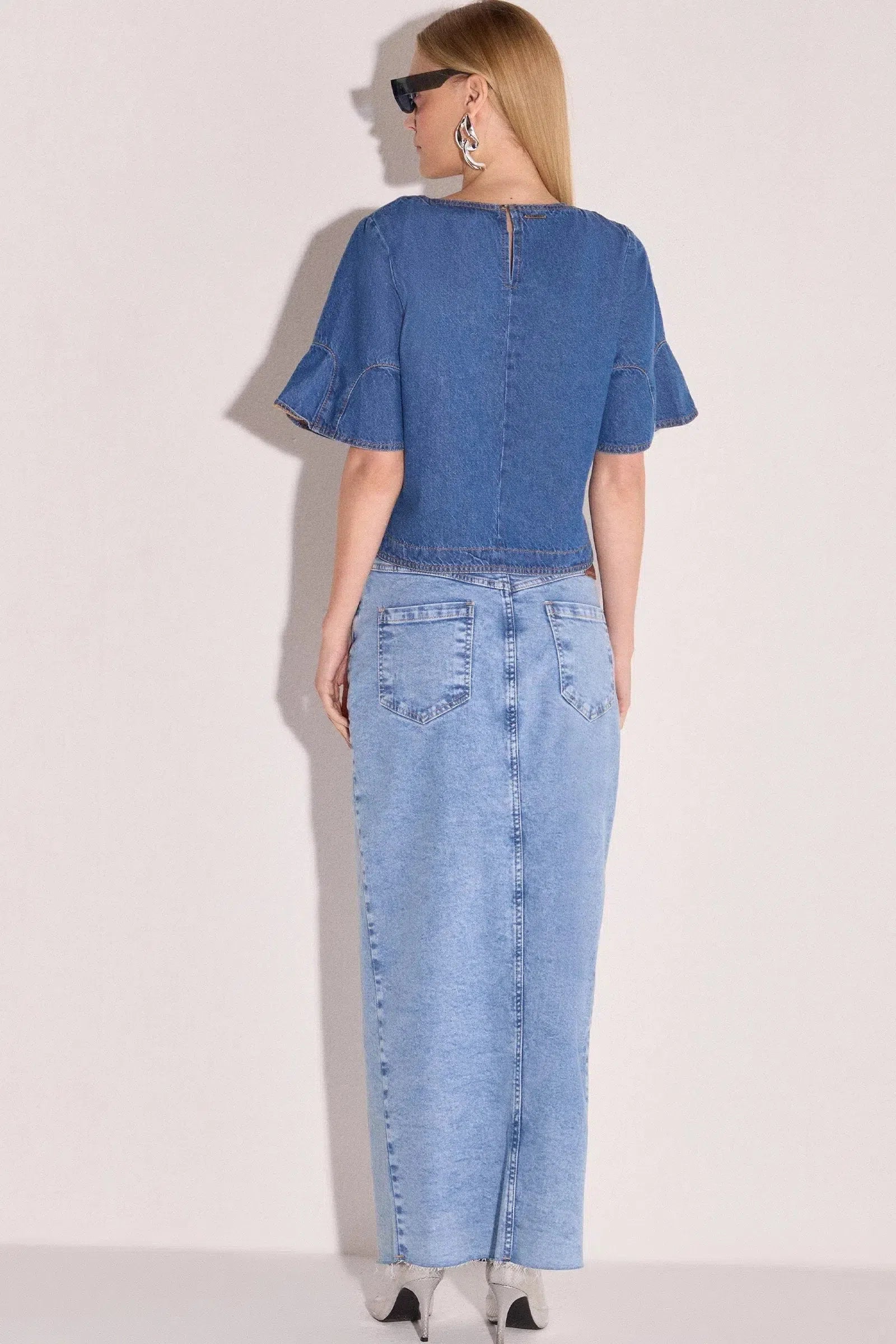 Blusa Manga Ampla em Denim 79050 Linzzi