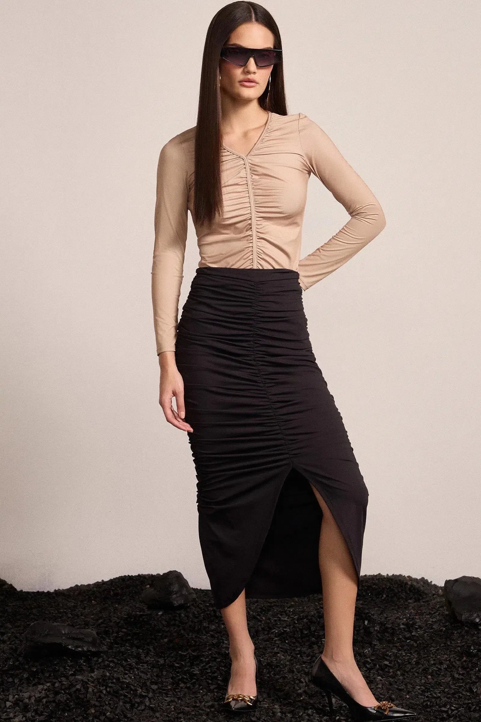 Saia Justa Maxi Midi em Malha Poliamida Delicaté 81707 Linzzi