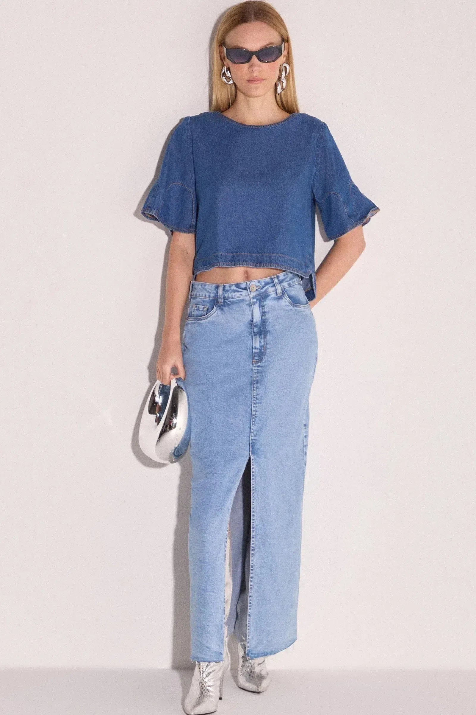 Saia Maxi Midi Cintura Alta em Denim com Elastano 79069 Linzzi