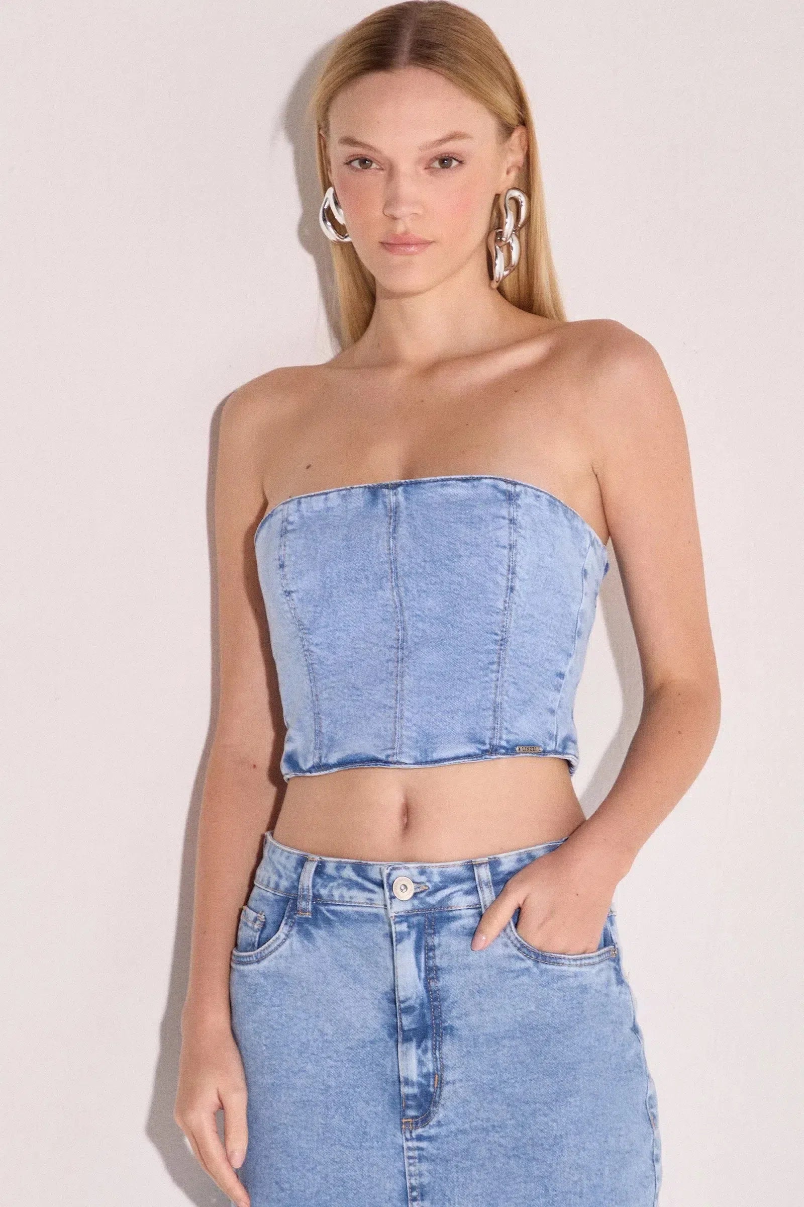 Top Cropped em Denim com Elastano 79046 Linzzi
