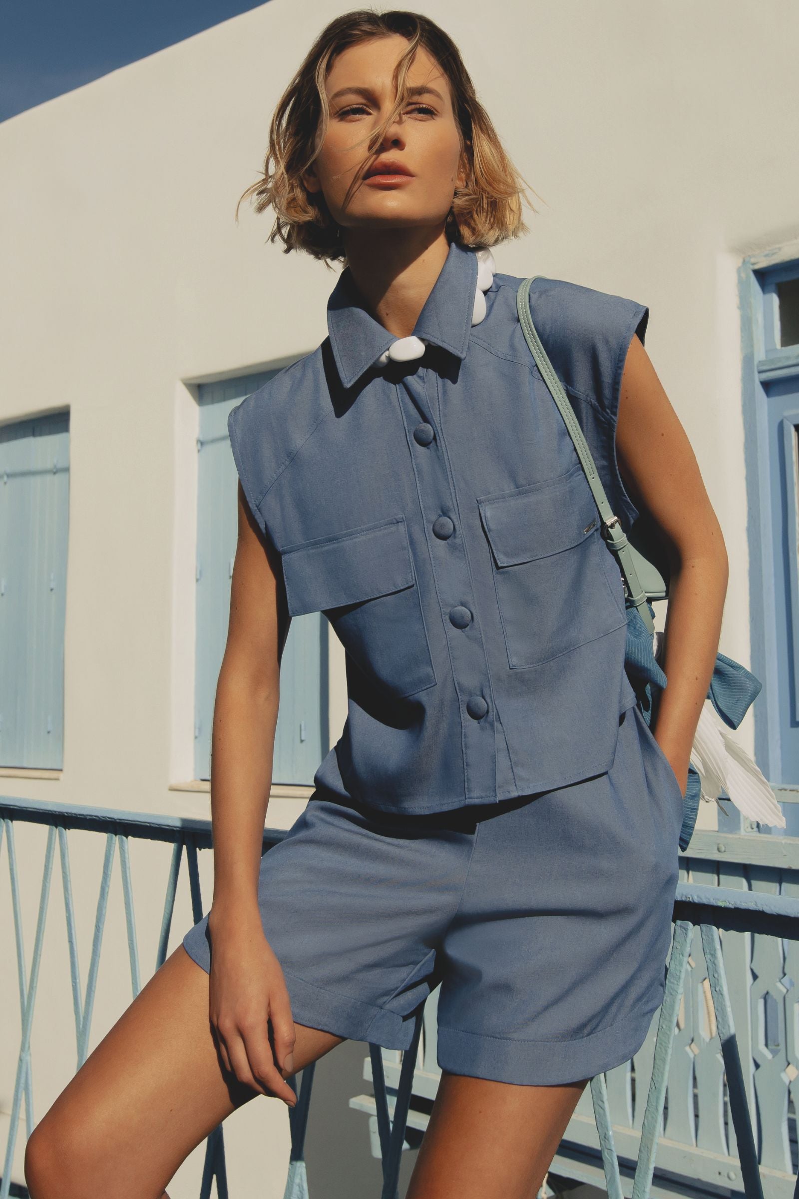 Conjunto de Camisa sem Mangas e Shorts em Denim de Cambraia 84039 Linzzi