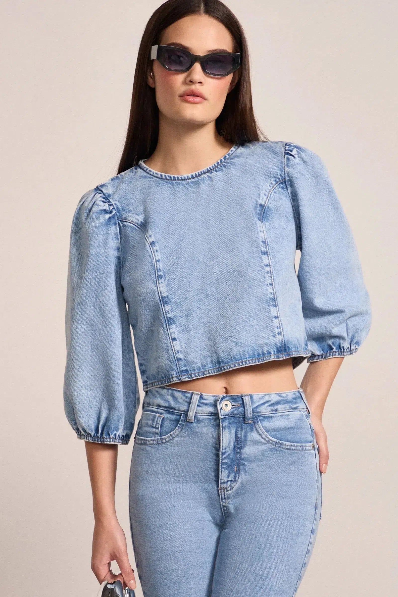 Blusa Manga 7/8 em Denim 79057 Linzzi