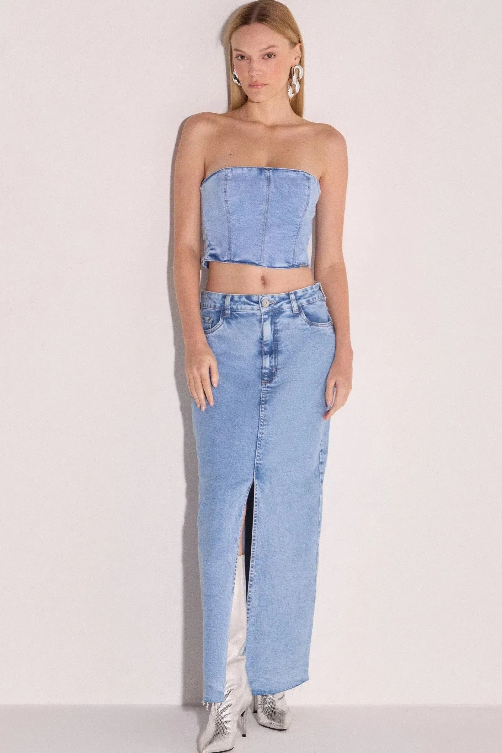 Saia Maxi Midi Cintura Alta em Denim com Elastano 79069 Linzzi