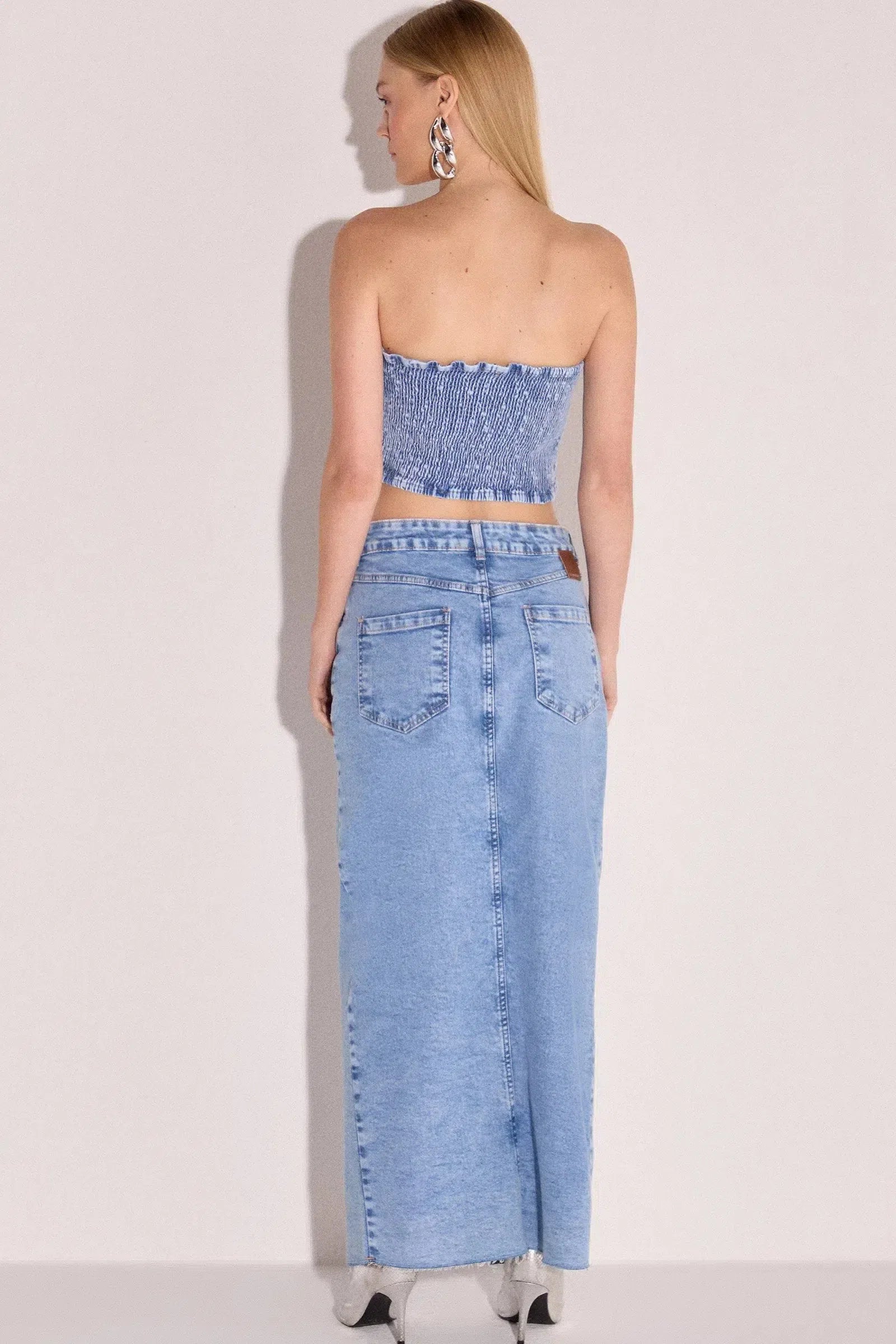 Saia Maxi Midi Cintura Alta em Denim com Elastano 79069 Linzzi