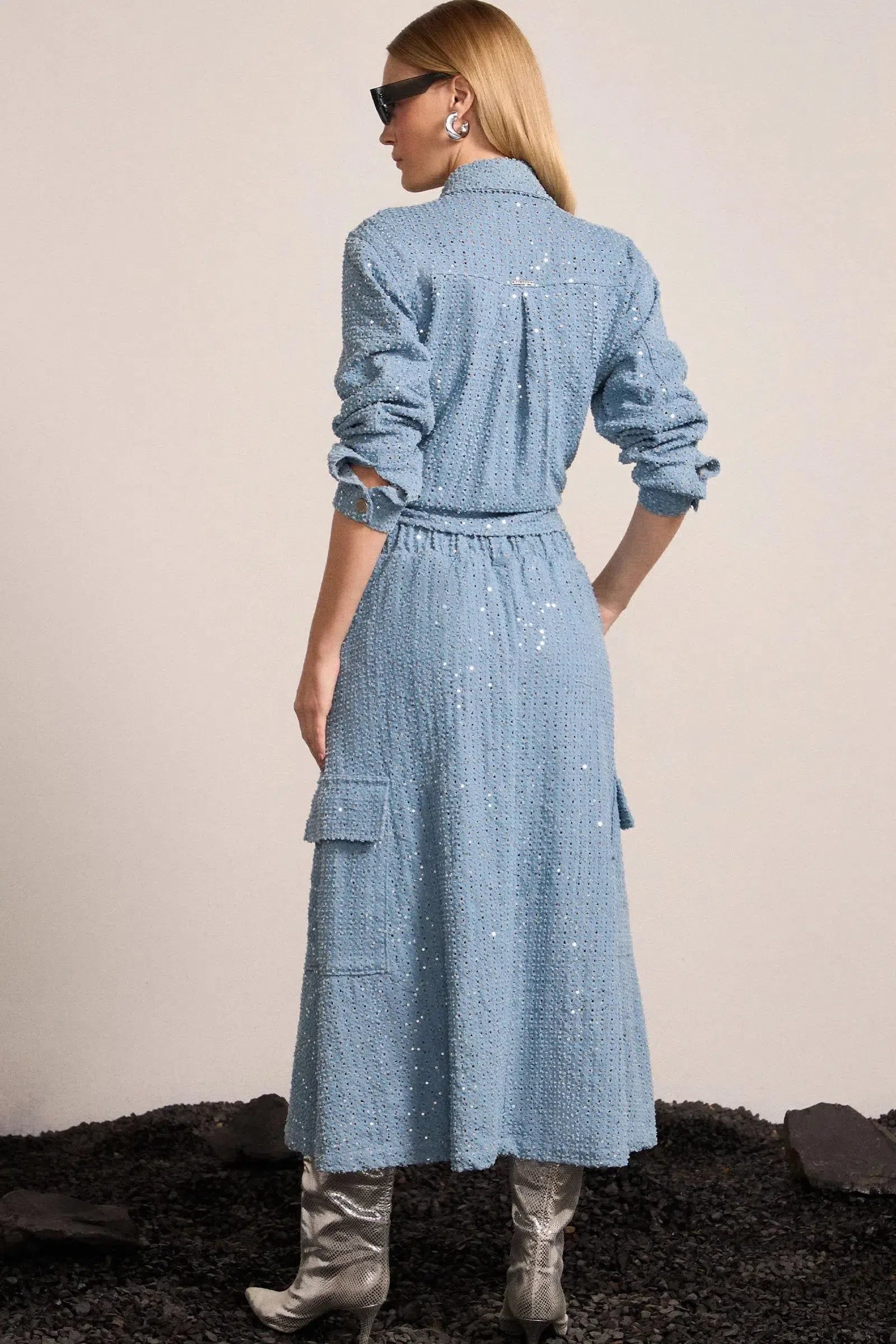 Saia Maxi Midi em Denim Destroy Paetê 81718 Linzzi