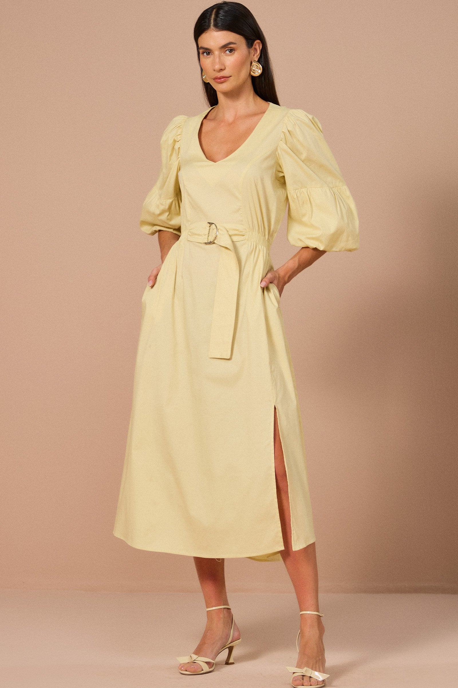 Vestido Maxi Midi com Mangas 7/8 em Tricoline com Acompanha