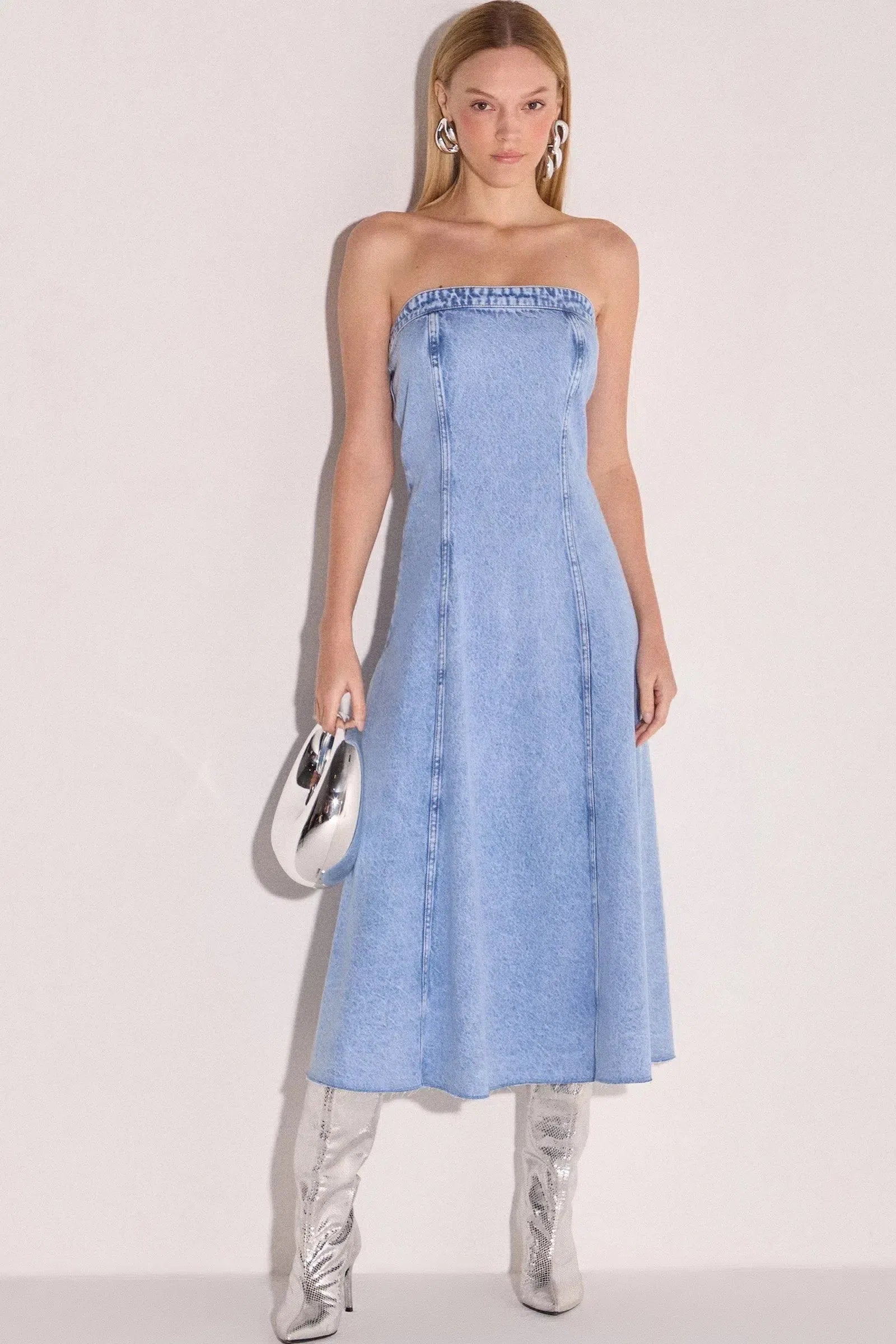 Vestido Maxi Midi em Denim com Elastano 79058 Linzzi