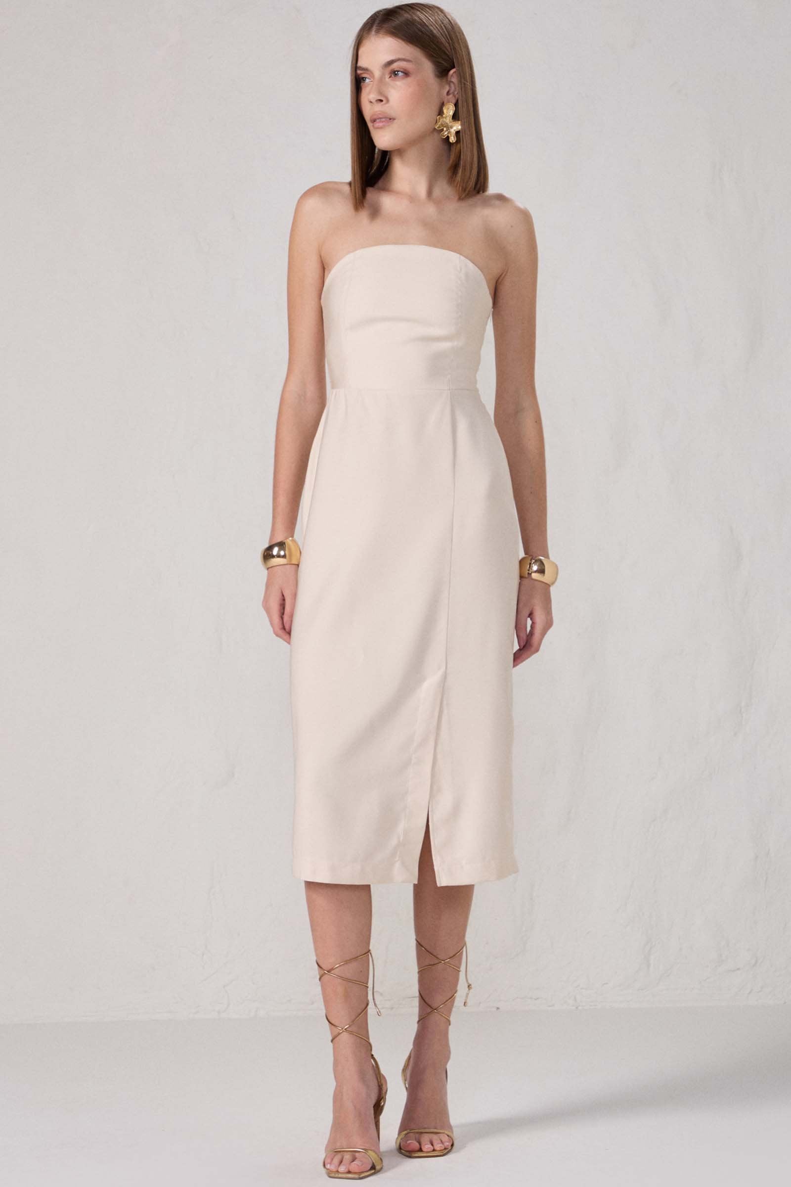 Vestido Midi sem Alças em Viscose Estilo Alfaiataria 84305 Linzzi